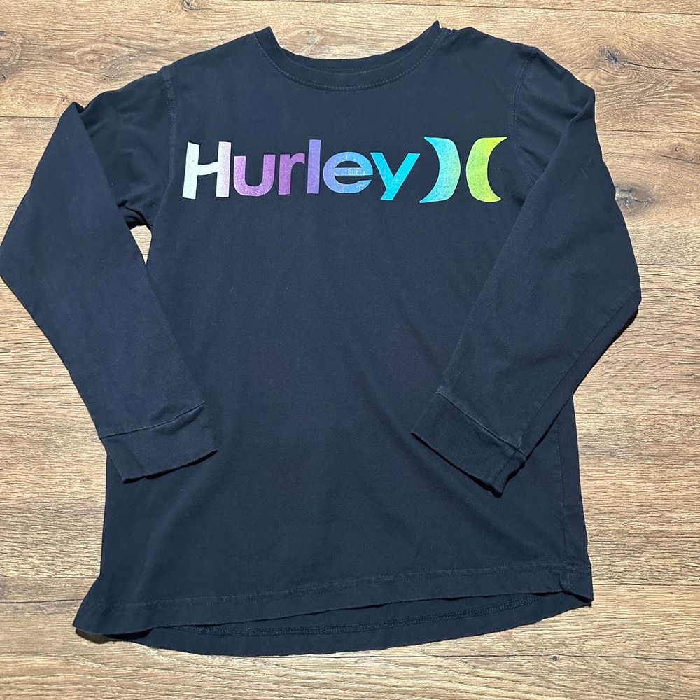 Hurley Long Sleeve Shirt Kids Large L Black Rainbow Gradient Logo Graphic Tee‎